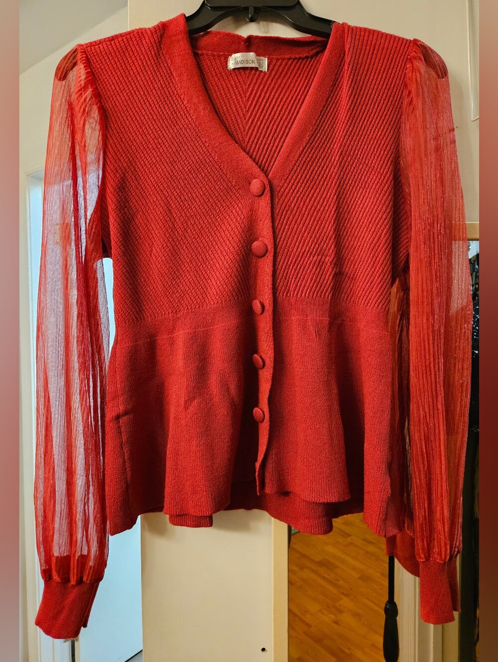 89th + Madison Red Metallic Knit Peplum Cardigan Sheer Sleeve XL